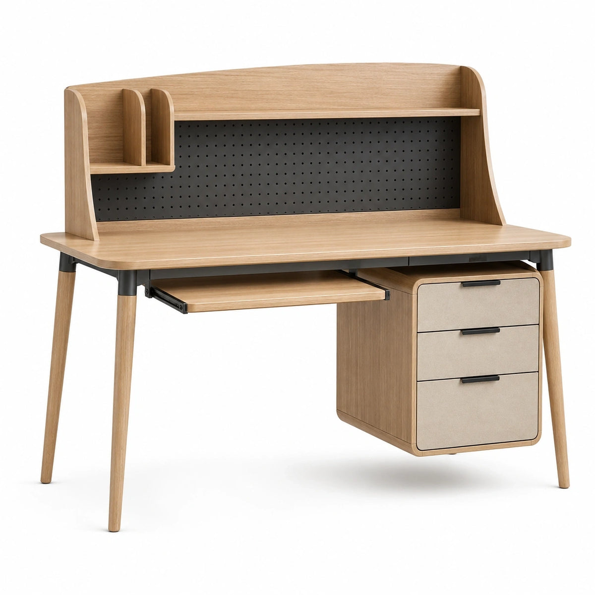 Moderner Schreibtisch mit Aufsatz, Lochwand, 3 Schubladen und Tastaturauszug, 120 × 60 × 120 cm, Eiche/Schwarz/Beige