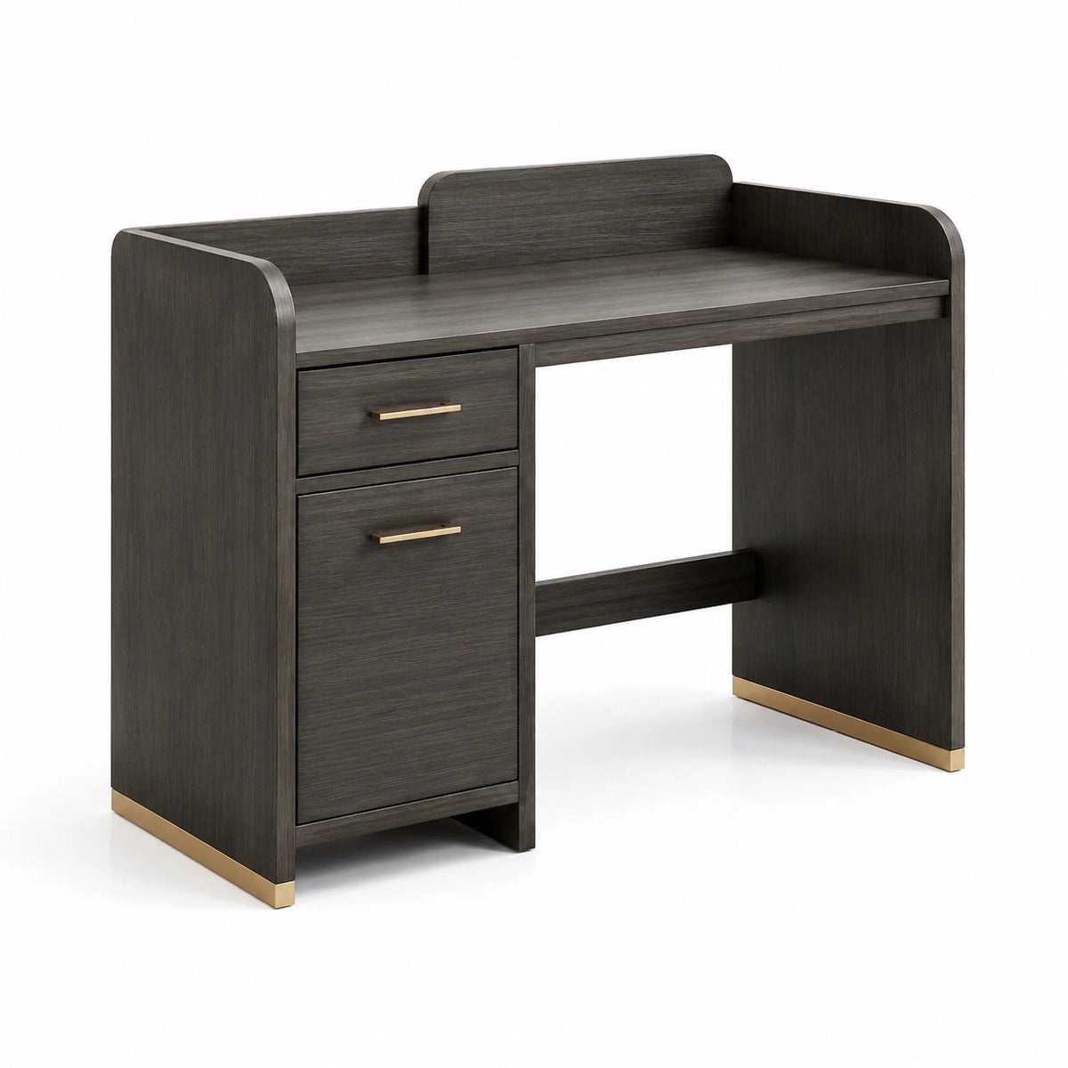 Moderner Schreibtisch aus Holzwerkstoff mit Schublade und Schrankfach, 110 × 50 × 100 cm, Dunkelgrau/Goldfarben