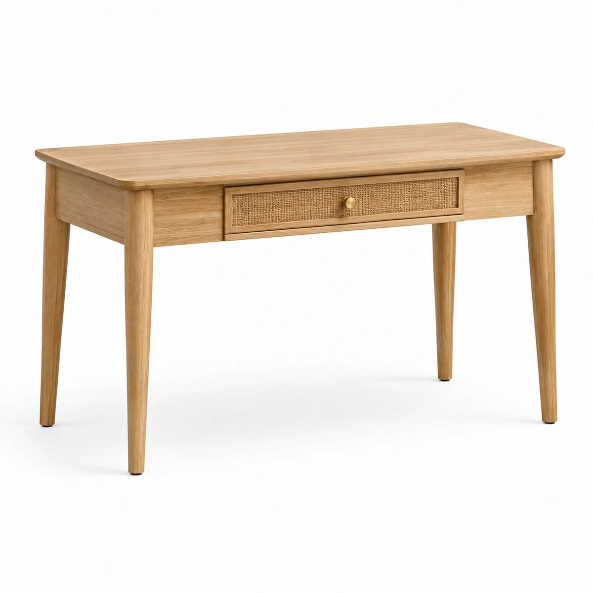 Holzschreibtisch mit Rattanschublade, Natur/Gold, 120 × 60 × 75 cm, skandinavisches Design