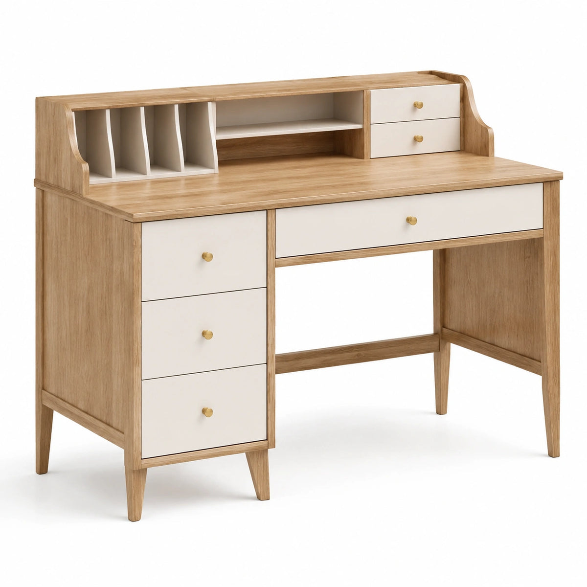 Schreibtisch aus Holzwerkstoff mit Aufsatz und 6 Schubladen, 120 × 60 × 110 cm, Eichefarben/Weiß/Goldfarben