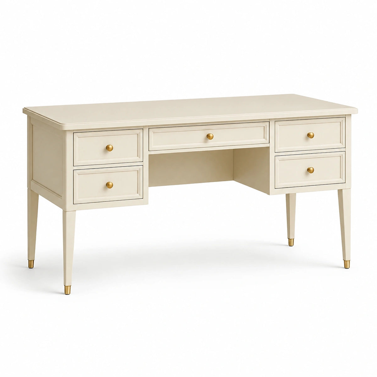 Klassischer Schreibtisch mit 5 Schubladen, Cremeweiß/Gold, 120 × 55 × 76 cm