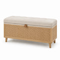 Gepolsterte Aufbewahrungsbank aus Holz und Rattangeflecht, Natur/Beige/Braun, 120 × 40 × 55 cm, mit Stauraum