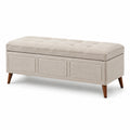 Gepolsterte Sitzbank mit Stauraum, beiger Textilbezug, braune Holzbeine, 120 × 45 × 48 cm