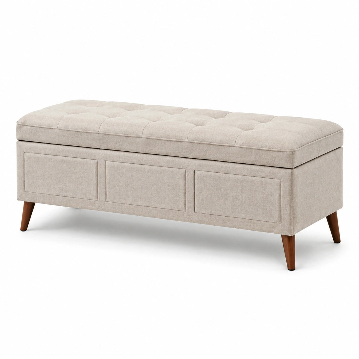Gepolsterte Sitzbank mit Stauraum, beiger Textilbezug, braune Holzbeine, 120 × 45 × 48 cm