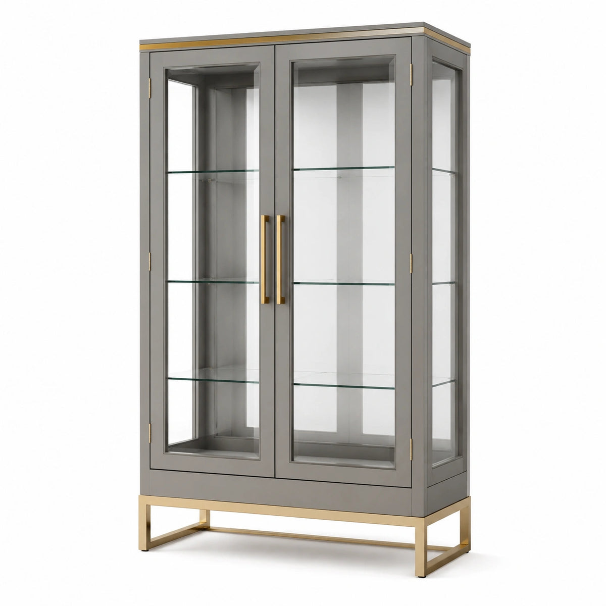 Moderne Vitrine mit 2 Glastüren und 3 Glasböden, Grau/Gold, 100 × 40 × 180 cm