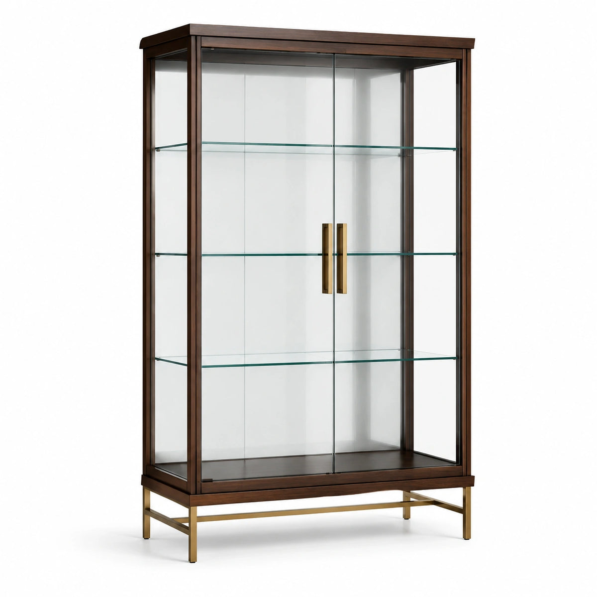 Moderne Vitrine in Dunkelbraun, Transparent und Goldfarben, 100 × 40 × 180 cm, mit 2 Glastüren und 3 Glasböden