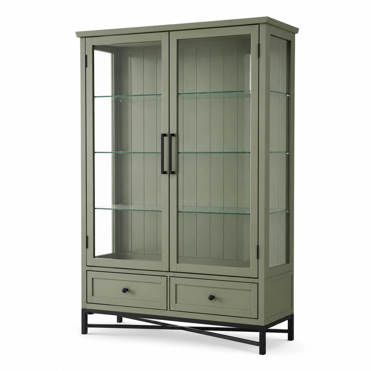 Vitrinenschrank aus Holzwerkstoff und Glas, Olivgrün, 100 × 40 × 180 cm, mit 2 Türen und 2 Schubladen