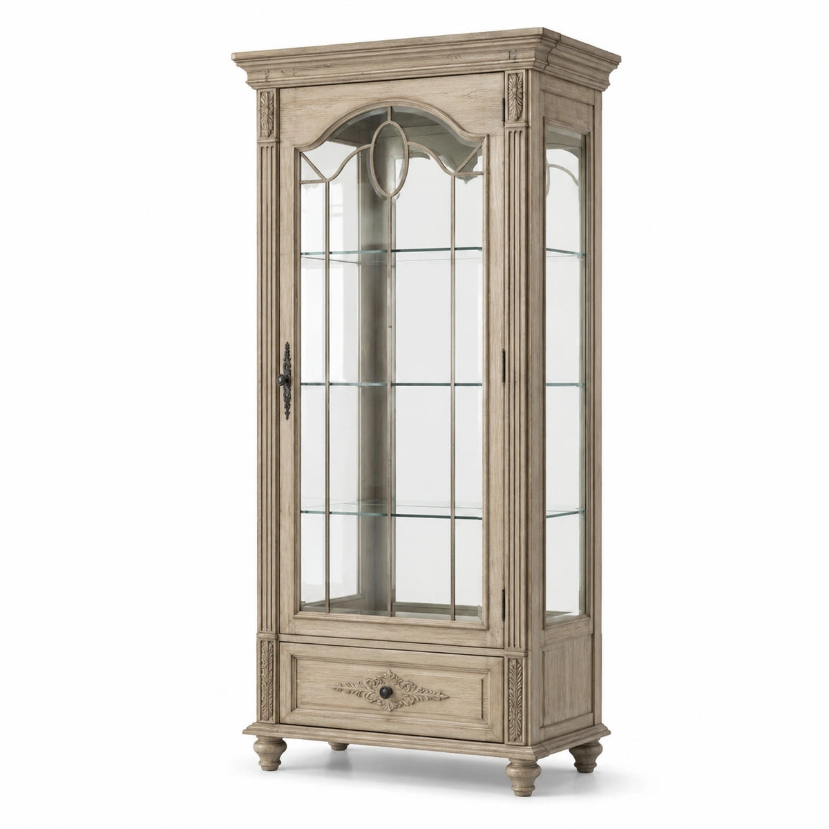 Holzvitrine mit Glastür, 3 Glasböden und Schublade, Beige/Transparent, 90 × 45 × 200 cm