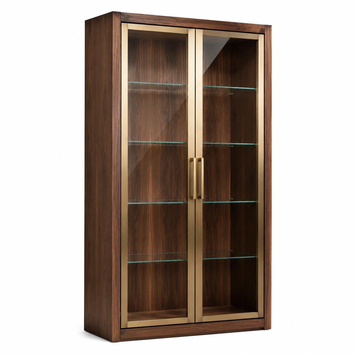 Moderner Vitrinenschrank mit 2 Glastüren und 4 Glasböden, Braun/Goldfarben/Transparent, 100 × 40 × 200 cm
