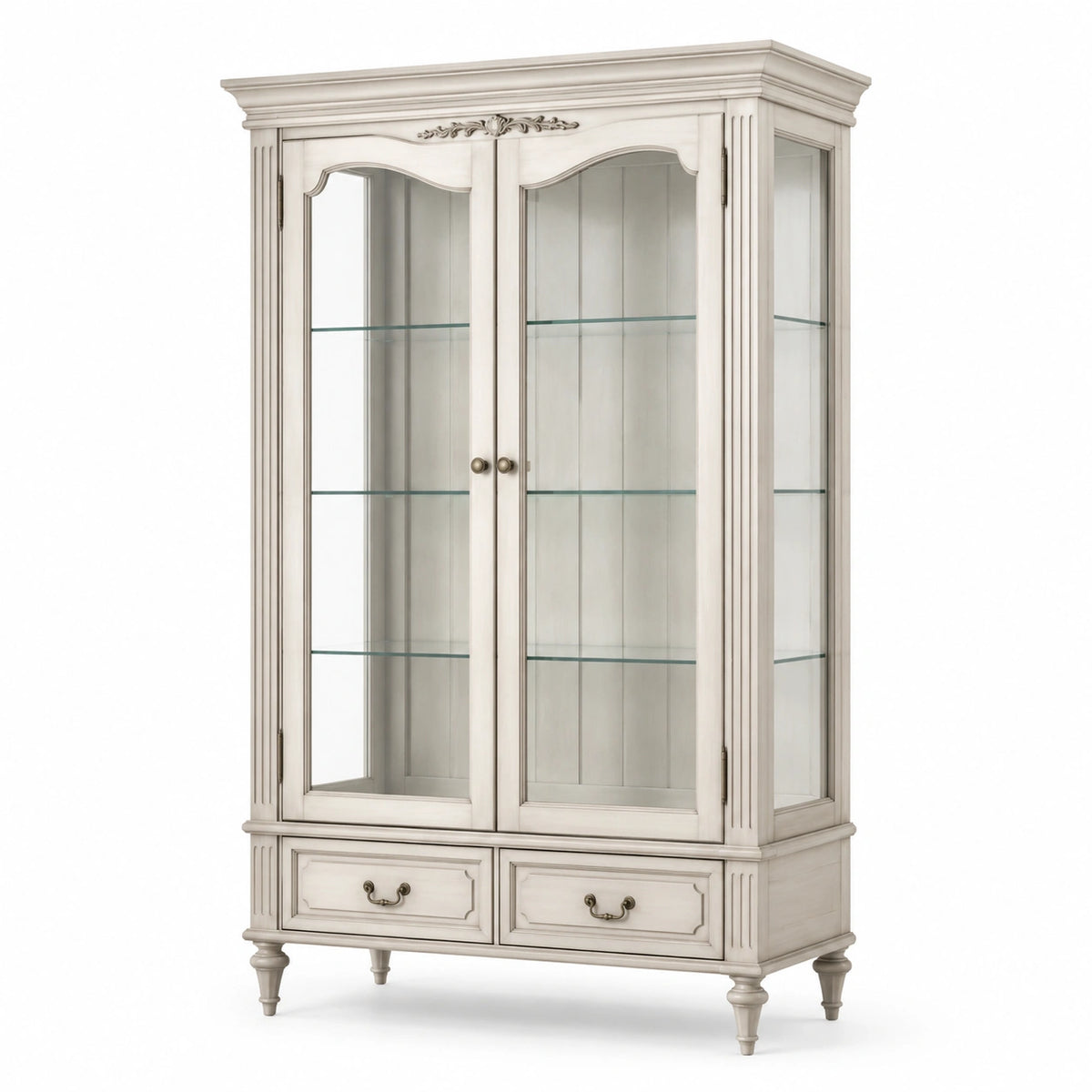 Klassische Vitrine aus Holzwerkstoff und Glas, Cremeweiß mit bronzefarbenen Beschlägen, 110 × 45 × 190 cm, 2 Türen, 3 Glasböden und 2 Schubladen