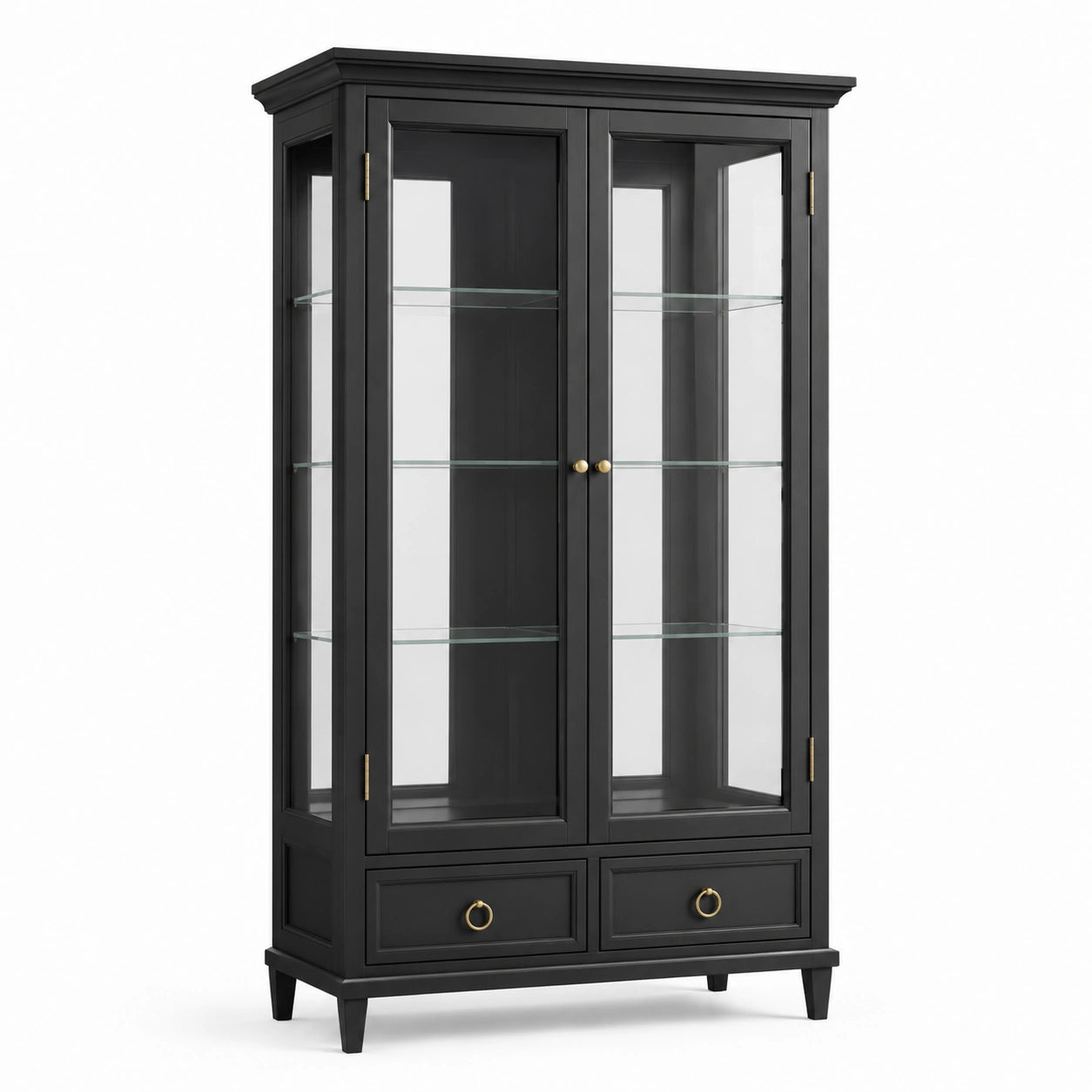 Klassische Vitrine aus Holzwerkstoff und Glas, Schwarz, 100 × 42 × 190 cm, mit 2 Türen, 3 Glasböden und 2 Schubladen