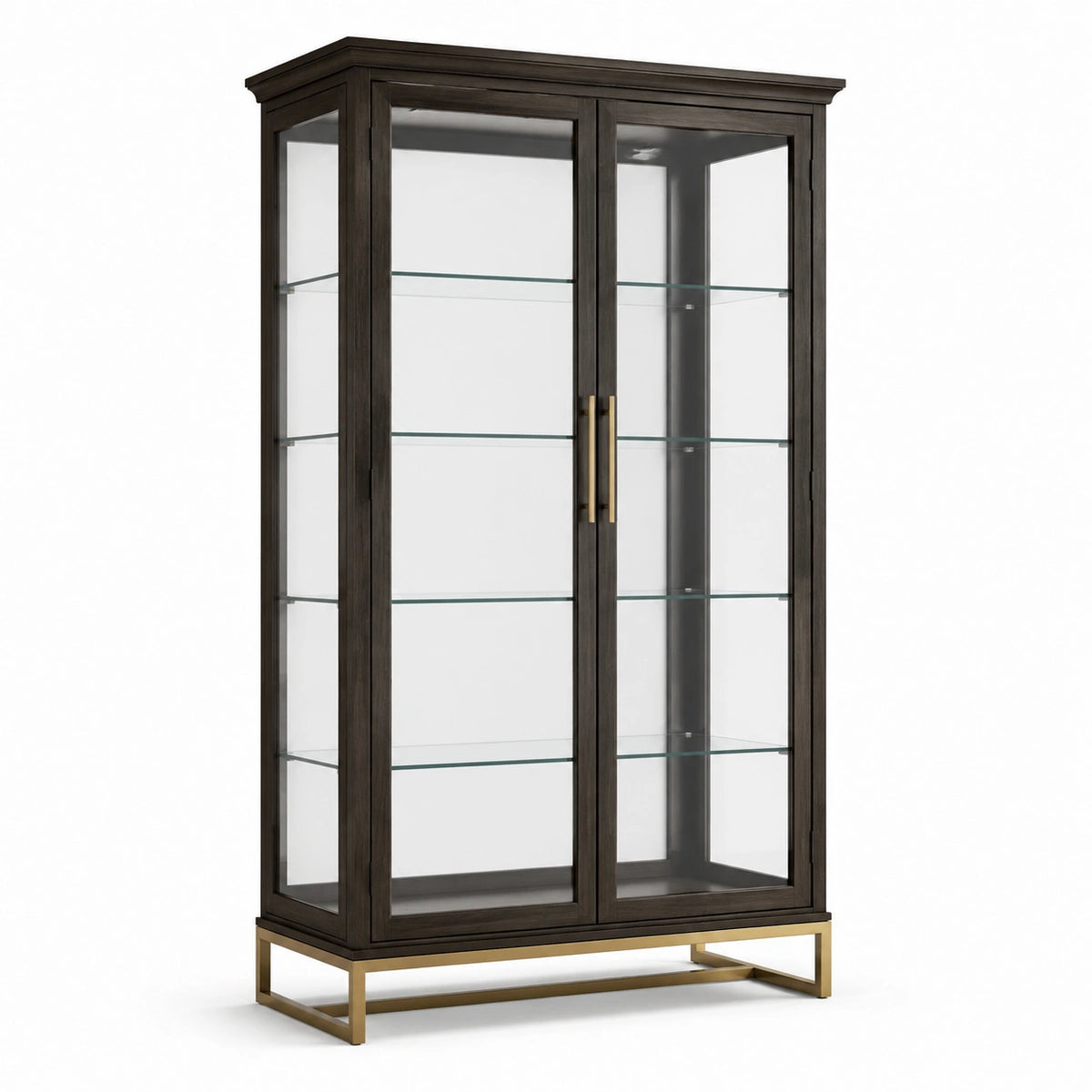 Vitrinenschrank mit 2 Glastüren und 4 Glasböden, Dunkelbraun/Gold/Transparent, 100 × 40 × 190 cm