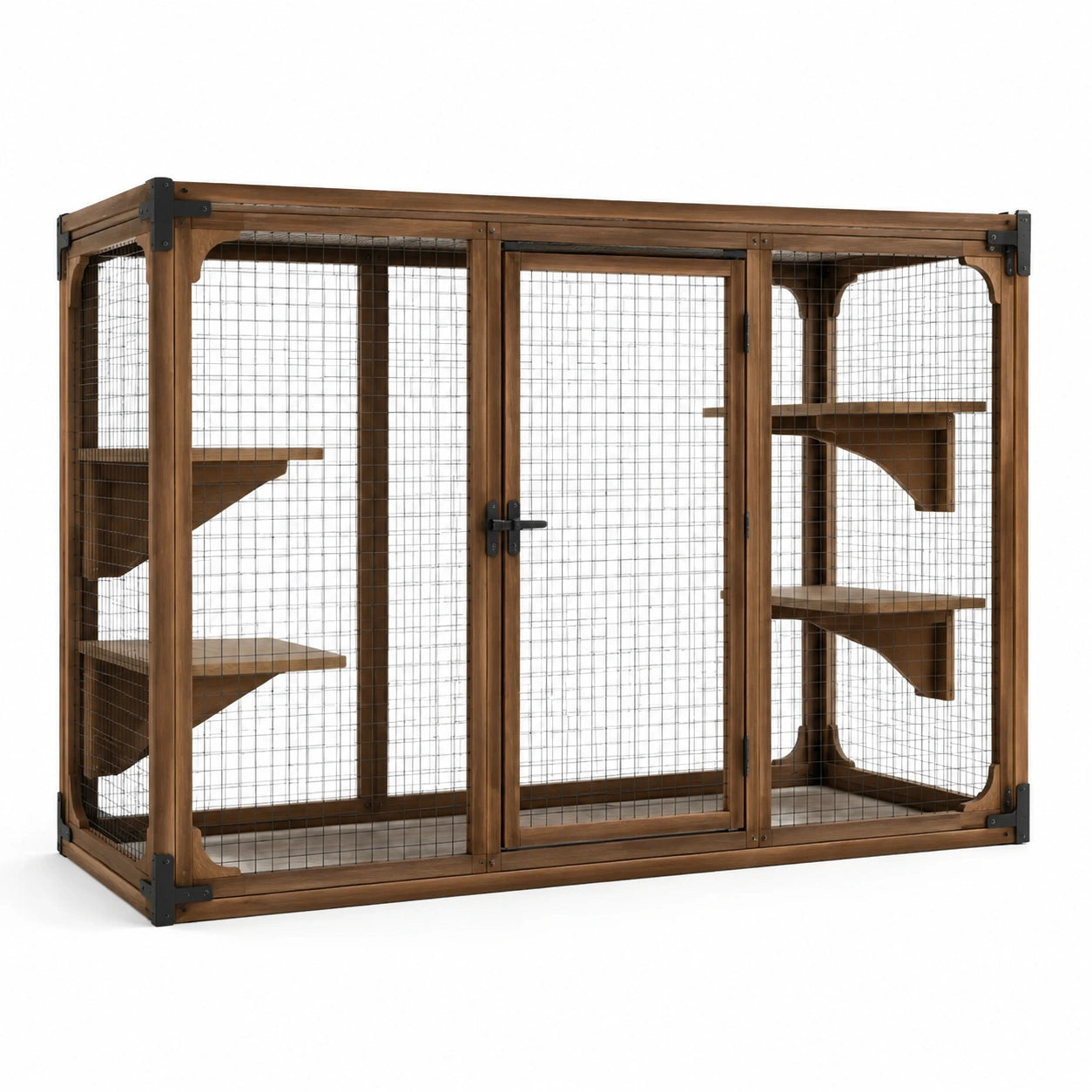 Katzengehege aus Holz und Stahldraht mit Kletterplattformen und Tür, 180 × 80 × 120 cm, Braun/Schwarz