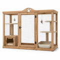 Katzengehege aus Holz und Metallgitter, 180 × 80 × 170 cm, Natur/Beige/Schwarz, mit Fronttür, Katzenhöhle und Kletterflächen