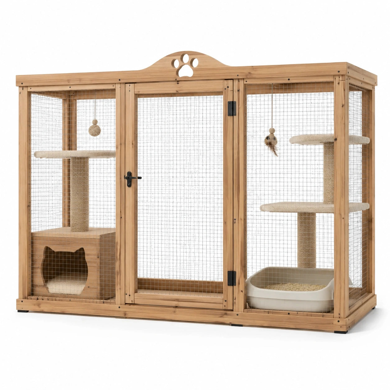 Katzengehege aus Holz und Metallgitter, 180 × 80 × 170 cm, Natur/Beige/Schwarz, mit Fronttür, Katzenhöhle und Kletterflächen