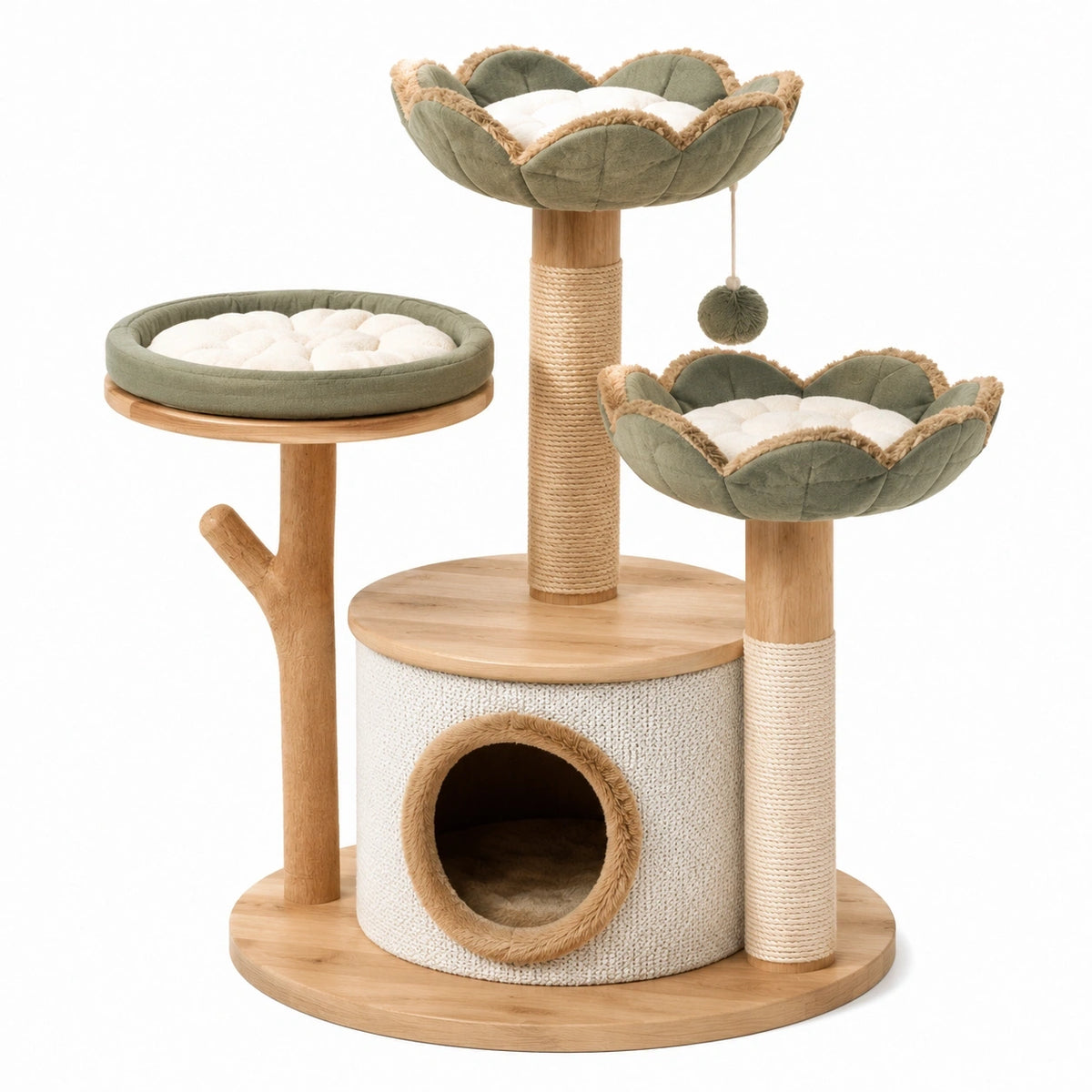 Kratzbaum aus Holz, Sisal und Textil mit Katzenhöhle und 3 Liegeflächen, Grün/Beige/Natur/Cremeweiß, 105 × 60 × 125 cm