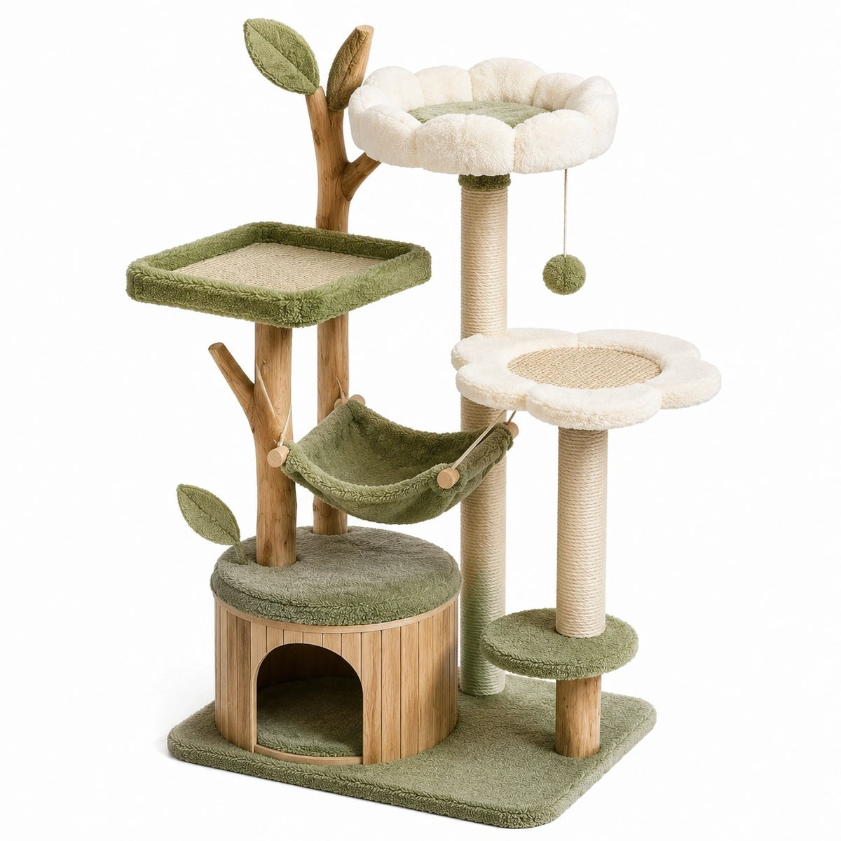 Kratzbaum aus Holz, Sisal und Plüsch, 100 × 60 × 160 cm, Olivgrün/Creme/Natur, mit Höhle, Hängematte und Liegeflächen