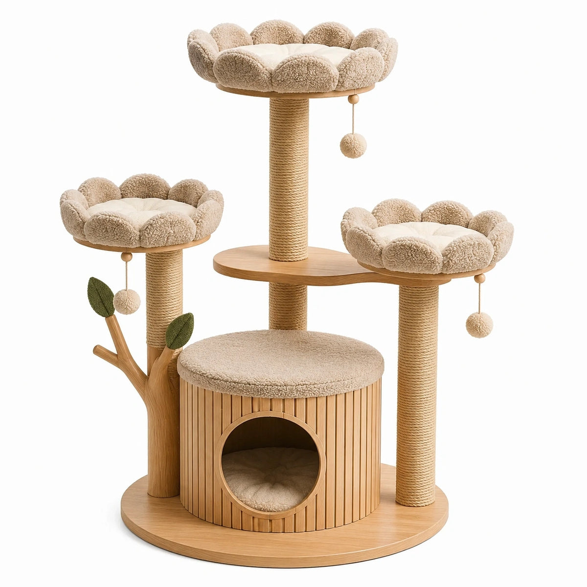 Kratzbaum mit Katzenhöhle und 3 Blüten-Liegeflächen, 110 × 60 × 155 cm, Beige/Naturholz/Grün