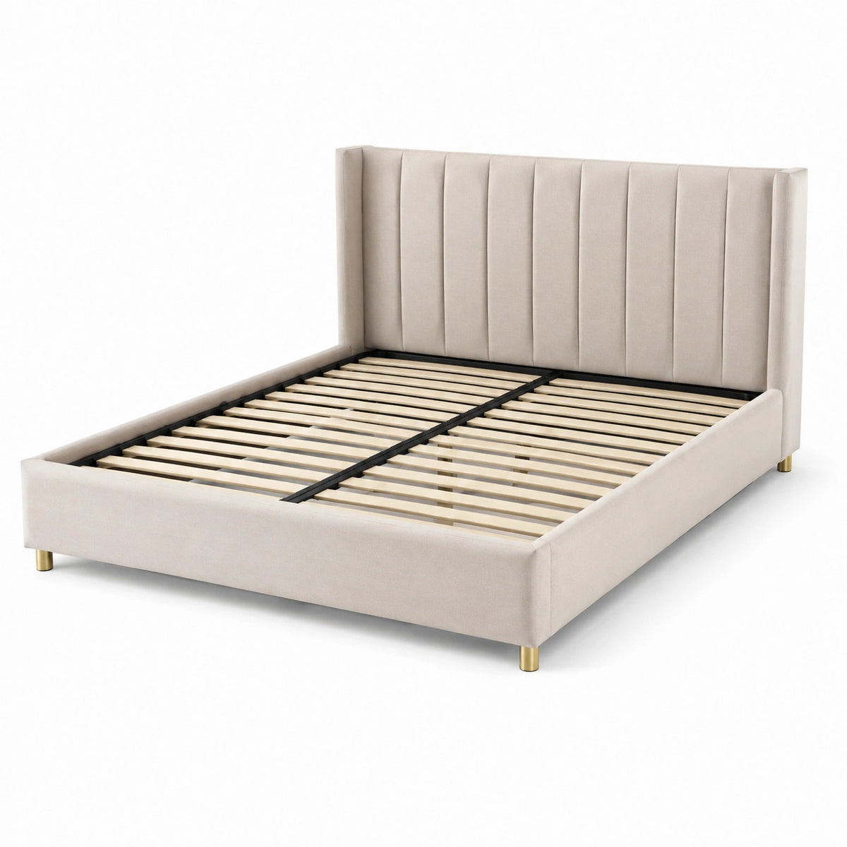 Modernes Polsterbett in Beige, Liegefläche 160 × 200 cm, Gesamtmaß 214 × 169 × 110 cm, mit hohem Kopfteil und Lattenrost