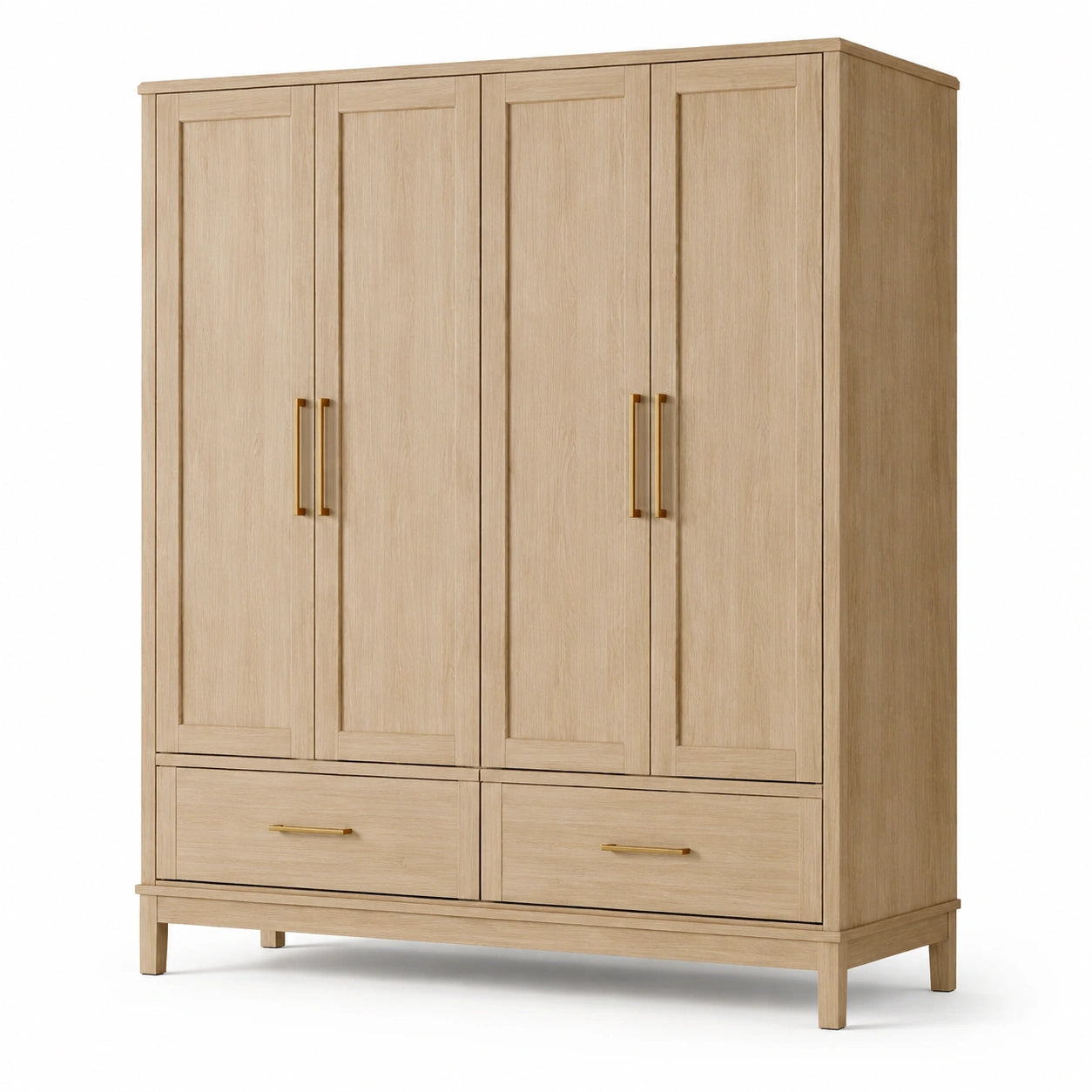 Kleiderschrank aus Holzwerkstoff mit 4 Türen und 2 Schubladen, 180 × 55 × 200 cm, Naturholz/Gold