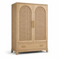 Zweitüriger Kleiderschrank aus Holz mit Rattangeflecht und Schublade, Natur/Gold, 100 × 50 × 180 cm