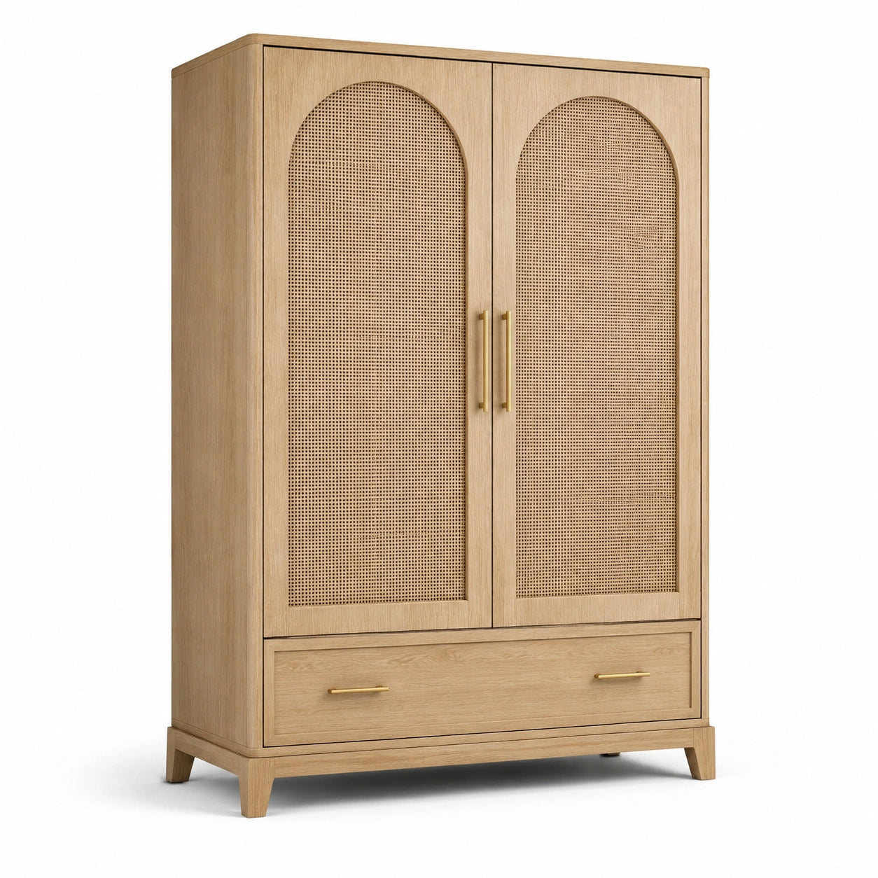 Zweitüriger Kleiderschrank aus Holz mit Rattangeflecht und Schublade, Natur/Gold, 100 × 50 × 180 cm
