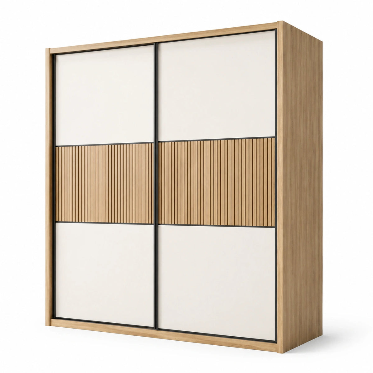Kleiderschrank mit 2 Schiebetüren und Lamellenoptik, 180 × 60 × 220 cm, Eiche/Creme/Schwarz
