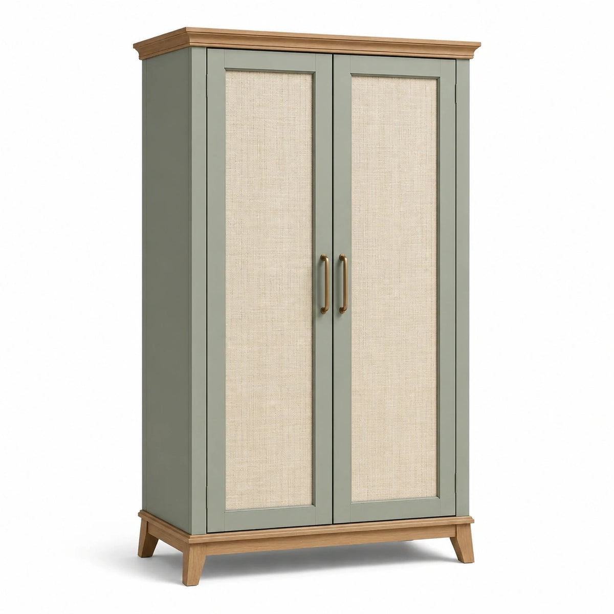 Zweitüriger Kleiderschrank aus Holzwerkstoff, 100 × 55 × 180 cm, Salbeigrün/Beige/Naturbraun, Geflechtfronten im Landhausstil