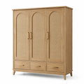 Kleiderschrank aus Holz und Rattangeflecht, Natur/Gold, 150 × 55 × 190 cm, 3 Türen und 3 Schubladen, Boho-Stil