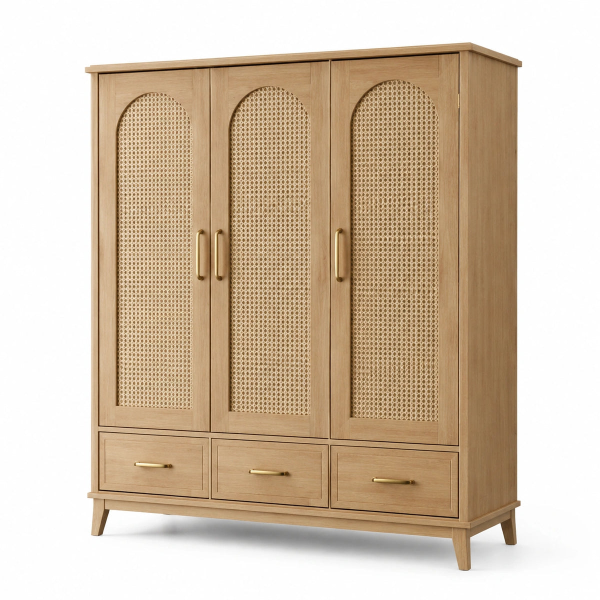 Kleiderschrank aus Holz und Rattangeflecht, Natur/Gold, 150 × 55 × 190 cm, 3 Türen und 3 Schubladen, Boho-Stil