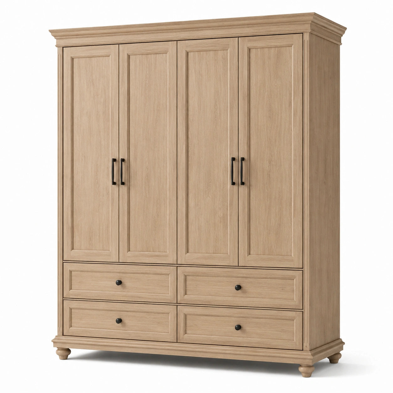 Kleiderschrank mit 4 Türen und 4 Schubladen, Hellbraun/Schwarz, 180 × 60 × 210 cm, Landhausstil