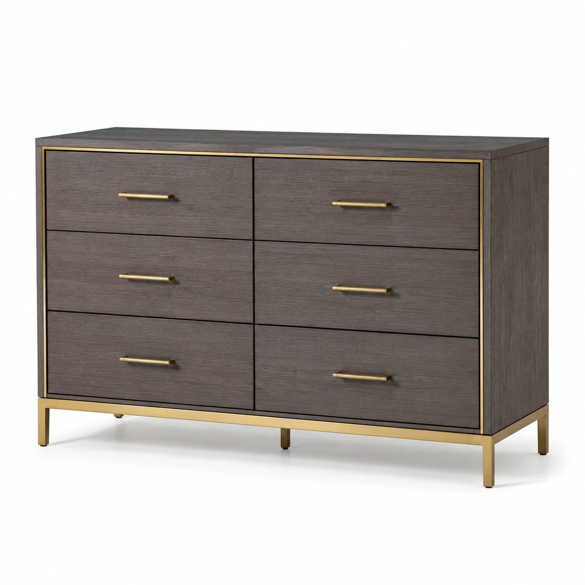 Moderne Kommode mit 6 Schubladen, 140 × 45 × 90 cm, Dunkelbraun/Gold, Holzwerkstoff und Metall
