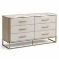 Kommode mit 6 Schubladen und Marmoroptik, 140 × 45 × 85 cm, Beige/Creme/Gold