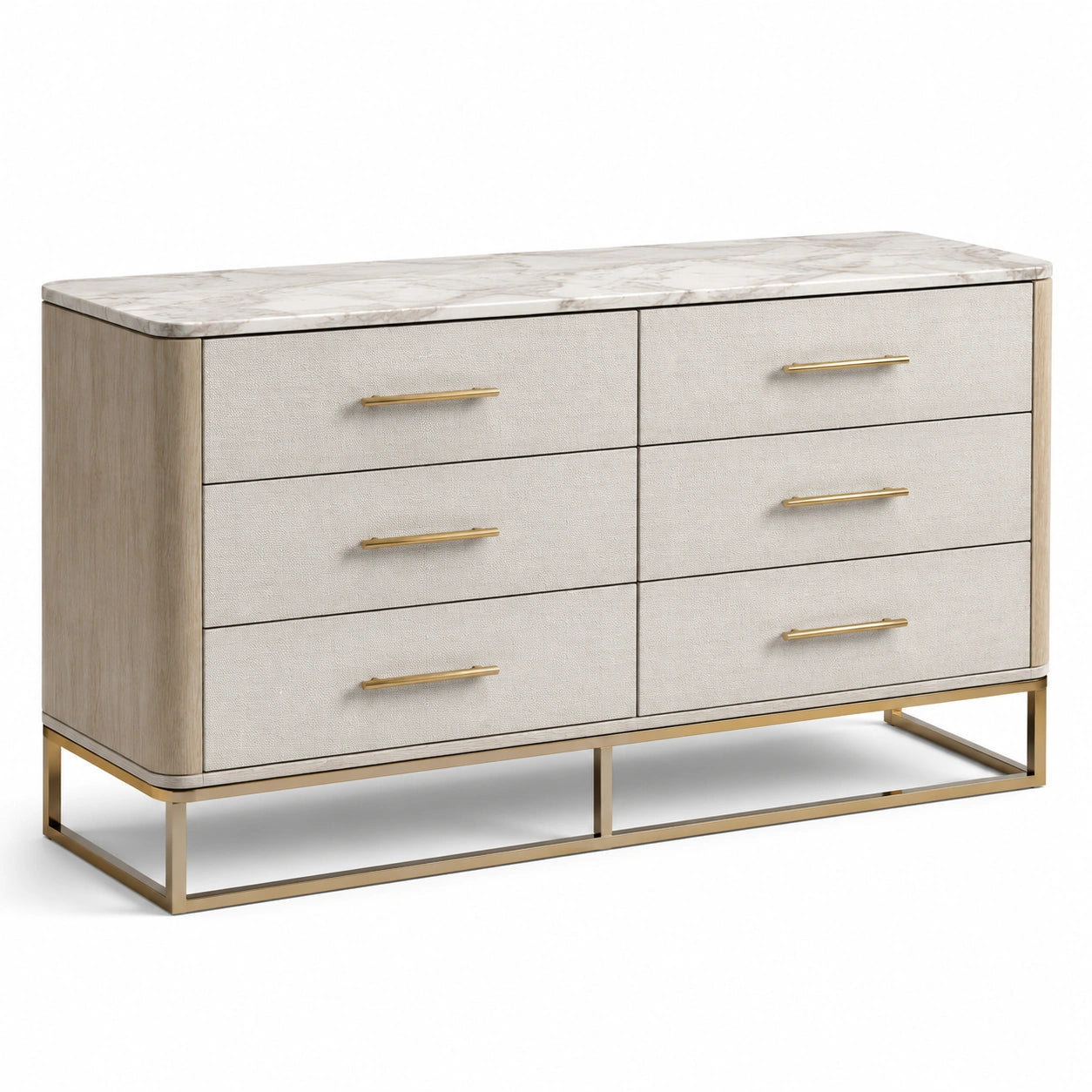 Kommode mit 6 Schubladen und Marmoroptik, 140 × 45 × 85 cm, Beige/Creme/Gold