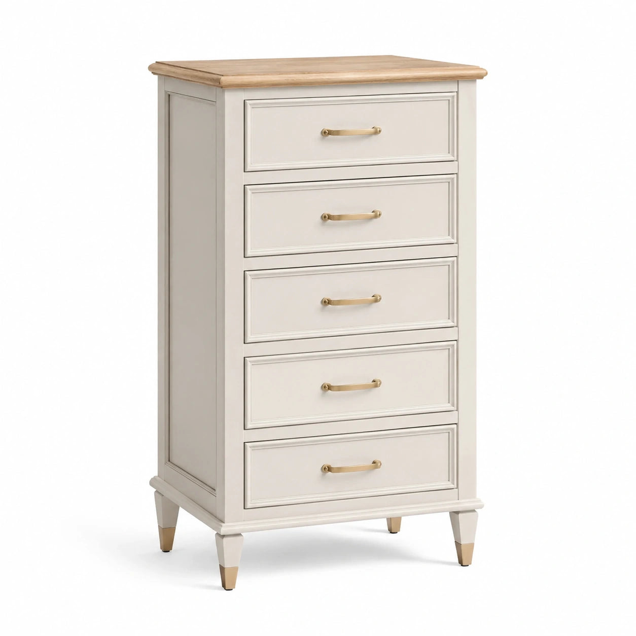 Hohe Kommode mit 5 Schubladen, 65 × 40 × 115 cm, Creme/Natur/Gold