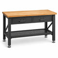 Werkbank aus Holz und Stahl, 120 × 60 × 90 cm, Natur/Schwarz, mit 2 Schubladen und Gitterablage