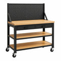Mobile Werkbank aus Stahl und Holzwerkstoff, 120 × 60 × 150 cm, Schwarz/Holzfarben, mit Lochwand, 2 Schubladen und 2 Ablageböden