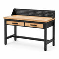 Werkbank aus Holz und Stahl mit 2 Schubladen und Lochwand, 120 × 60 × 150 cm, Schwarz/Natur