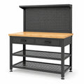 Werkbank aus Stahl und Bambus mit Lochwand, 2 Schubladen und 2 Gitterablagen, Schwarz/Natur, 120 × 60 × 155 cm
