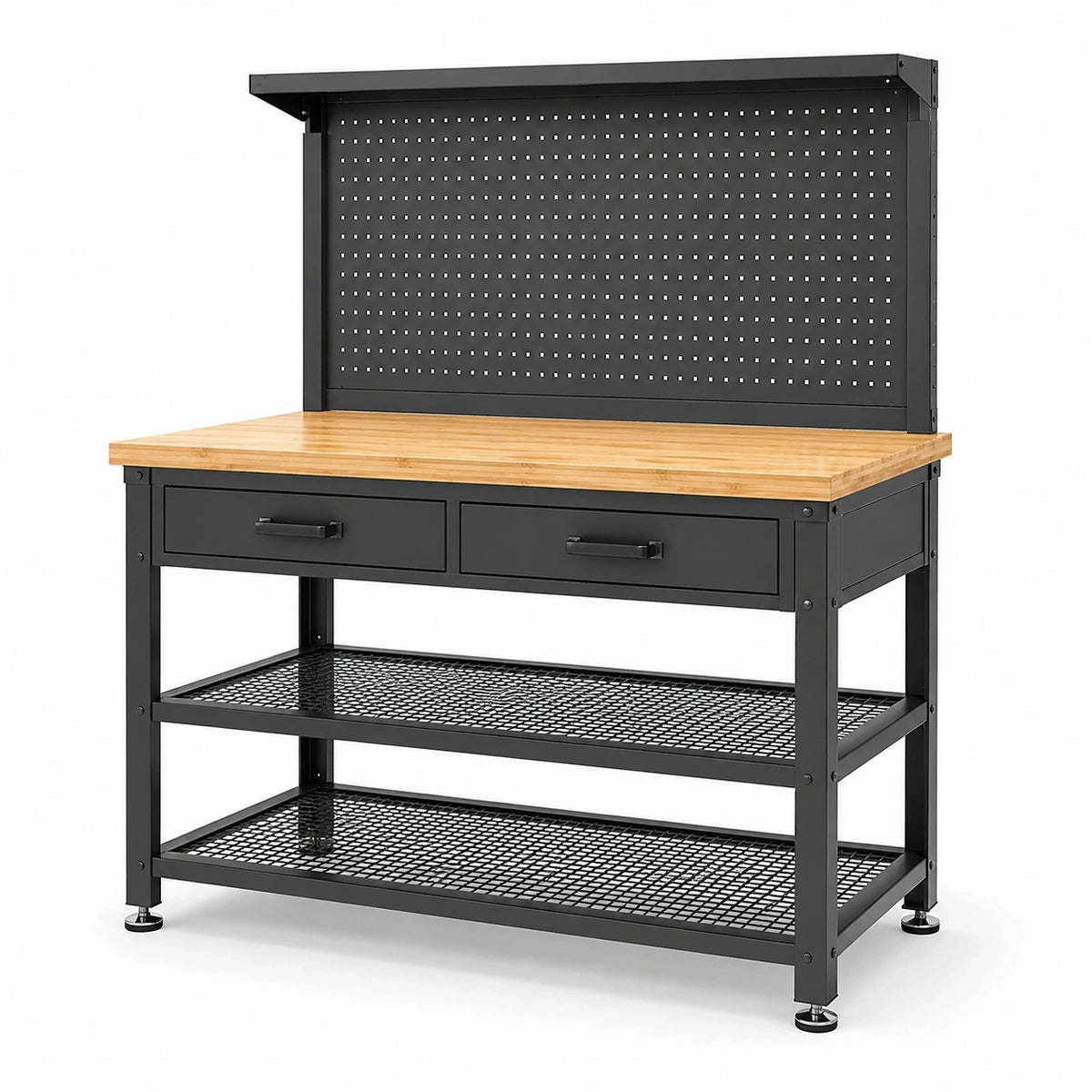 Werkbank aus Stahl und Bambus mit Lochwand, 2 Schubladen und 2 Gitterablagen, Schwarz/Natur, 120 × 60 × 155 cm