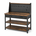Werkbank aus Stahl und Holzwerkstoff mit Lochwand, 2 Schubladen und 3 Ablagen, Schwarz/Braun, 120 × 60 × 150 cm