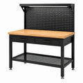 Werkbank aus Stahl und Bambus mit Lochwand, 2 Schubladen und Ablage, 120 × 60 × 150 cm, Schwarz/Natur