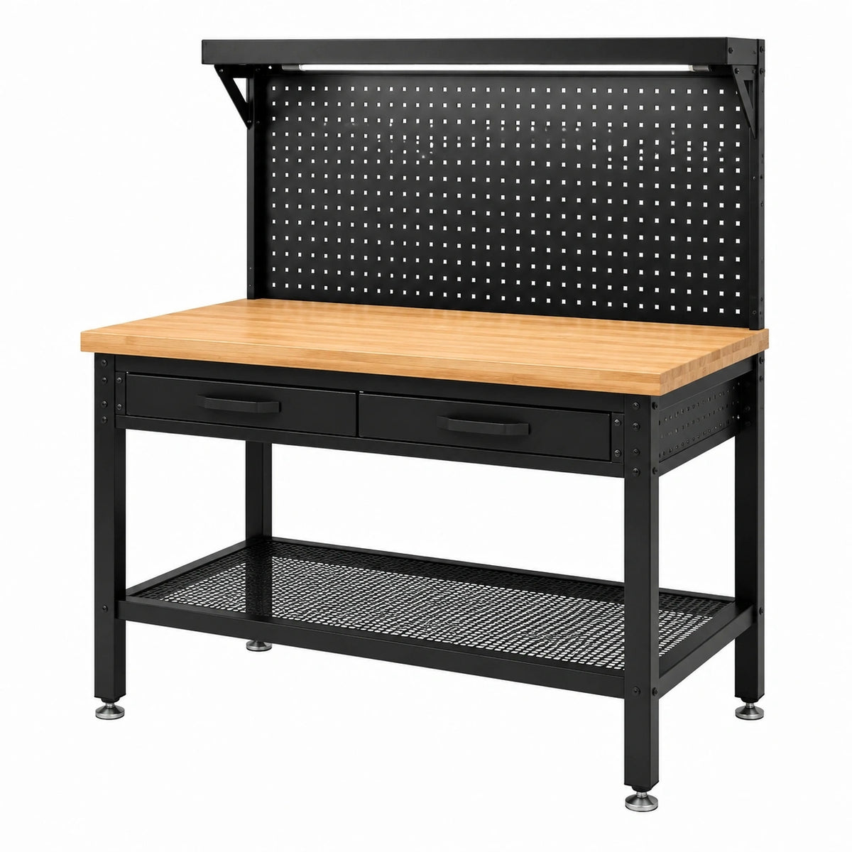 Werkbank aus Stahl und Bambus mit Lochwand, 2 Schubladen und Ablage, 120 × 60 × 150 cm, Schwarz/Natur