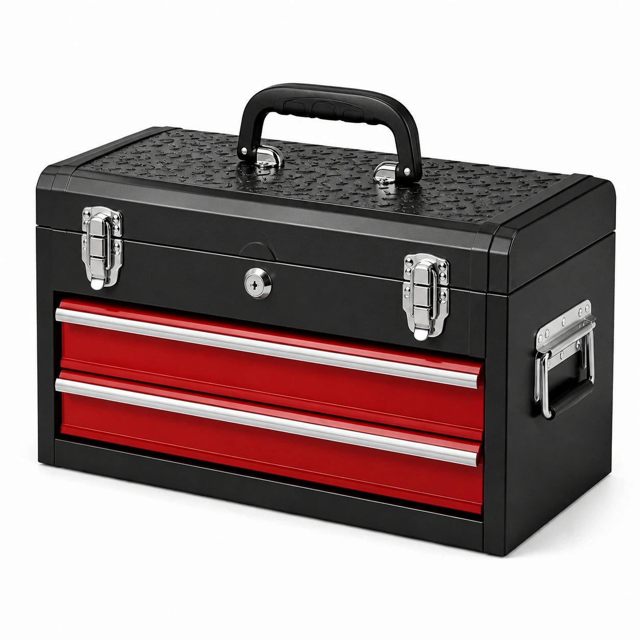 Abschließbarer Stahl-Werkzeugkasten mit 2 Schubladen und Tragegriff, 51 × 22 × 35 cm, Schwarz/Rot/Silber