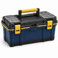 Robuster Werkzeugkoffer mit Tragegriff und transparenten Deckelfächern, 56 × 31 × 30 cm, Dunkelblau/Schwarz/Gelb/Transparent
