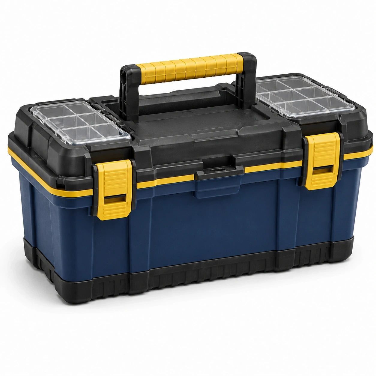 Robuster Werkzeugkoffer mit Tragegriff und transparenten Deckelfächern, 56 × 31 × 30 cm, Dunkelblau/Schwarz/Gelb/Transparent