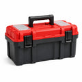 Werkzeugkoffer aus Kunststoff, 45 × 25 × 25 cm, Rot/Schwarz/Transparent, mit Tragegriff und Kleinteilefächern