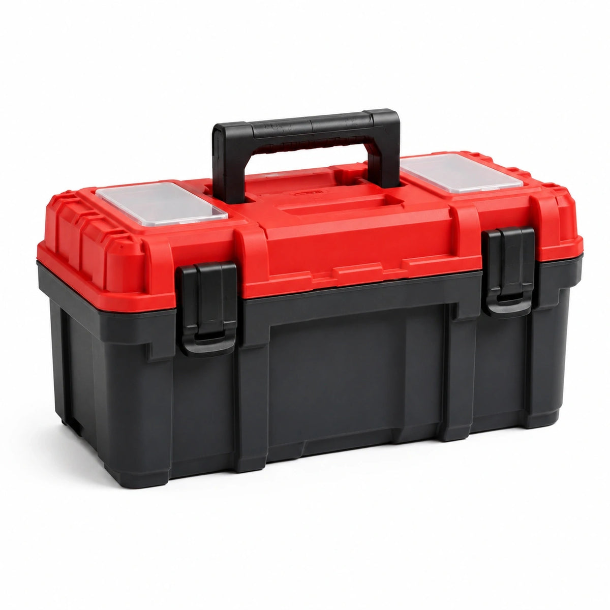 Werkzeugkoffer aus Kunststoff, 45 × 25 × 25 cm, Rot/Schwarz/Transparent, mit Tragegriff und Kleinteilefächern