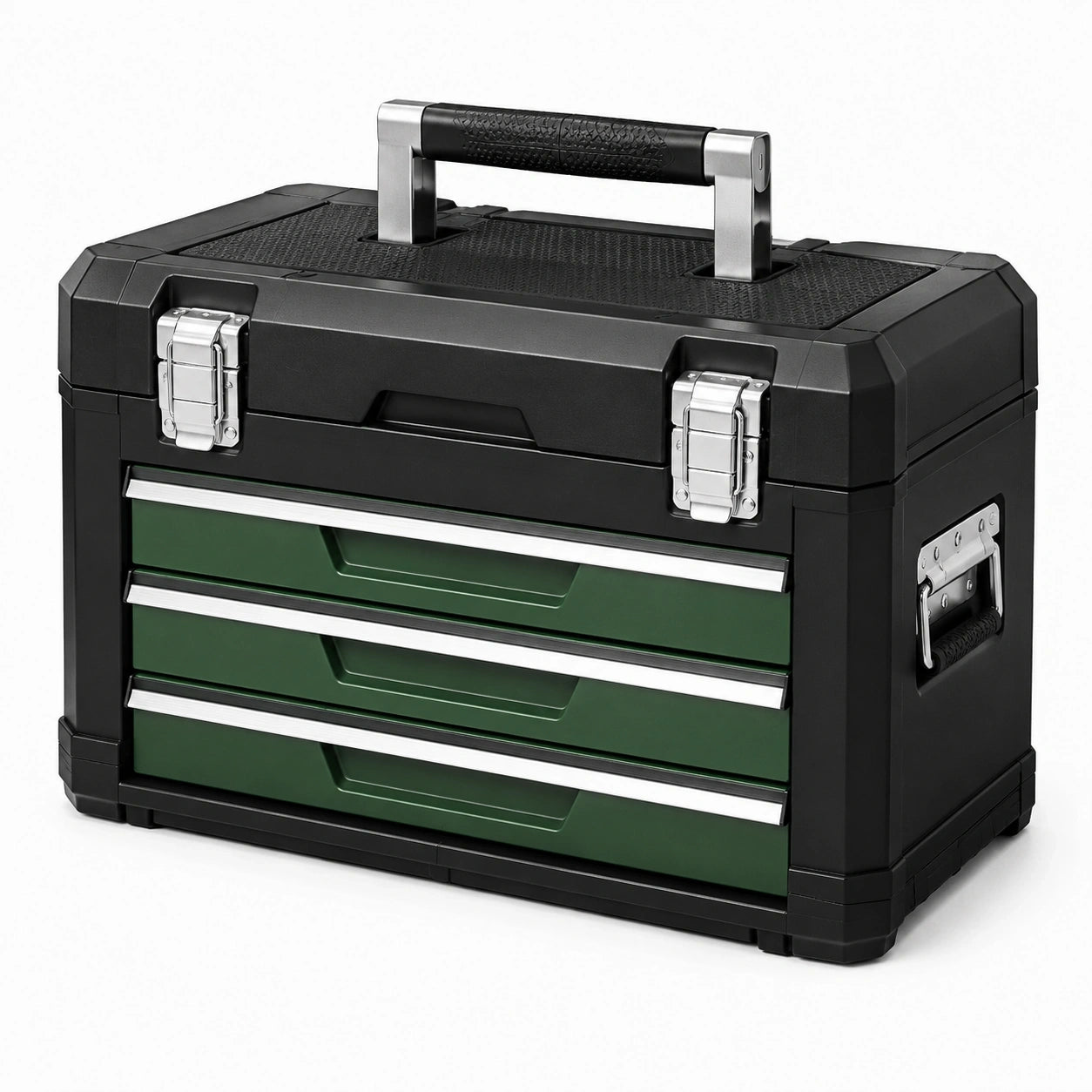 Werkzeugkoffer mit 3 Schubladen, 56 × 32 × 41 cm, Schwarz/Grün/Silber, Kunststoff und Stahl