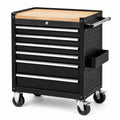 Werkzeugwagen aus Stahl mit 6 Schubladen, Holzarbeitsfläche und Rollen, 85 × 46 × 95 cm, Schwarz/Silber/Natur